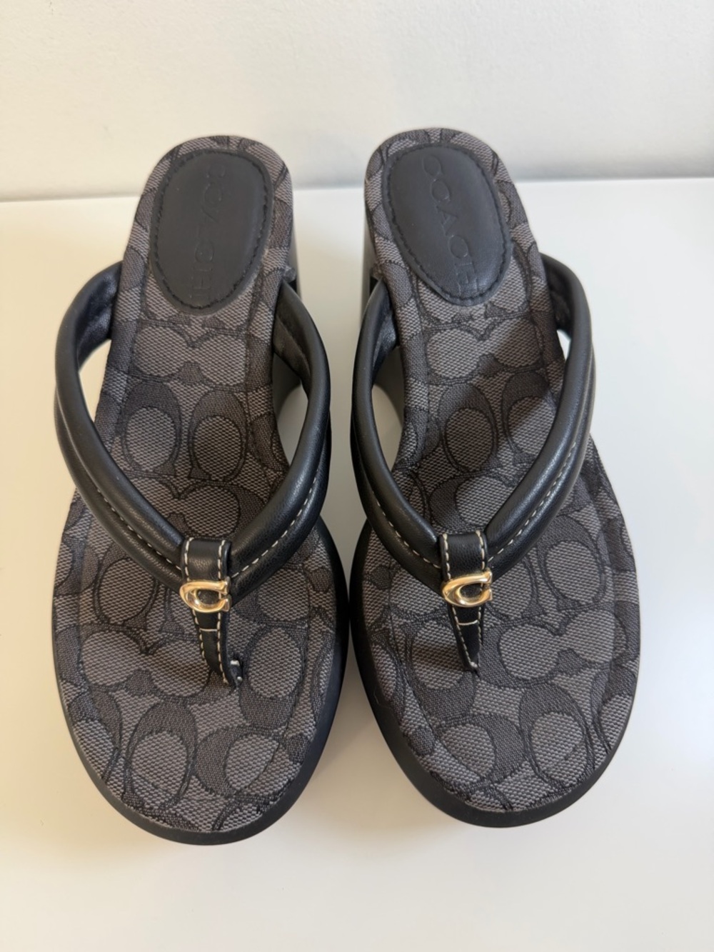 Coach Charcoal and Black Platform Wedge Thong Sandals Size 6 - Picture 3 of 11